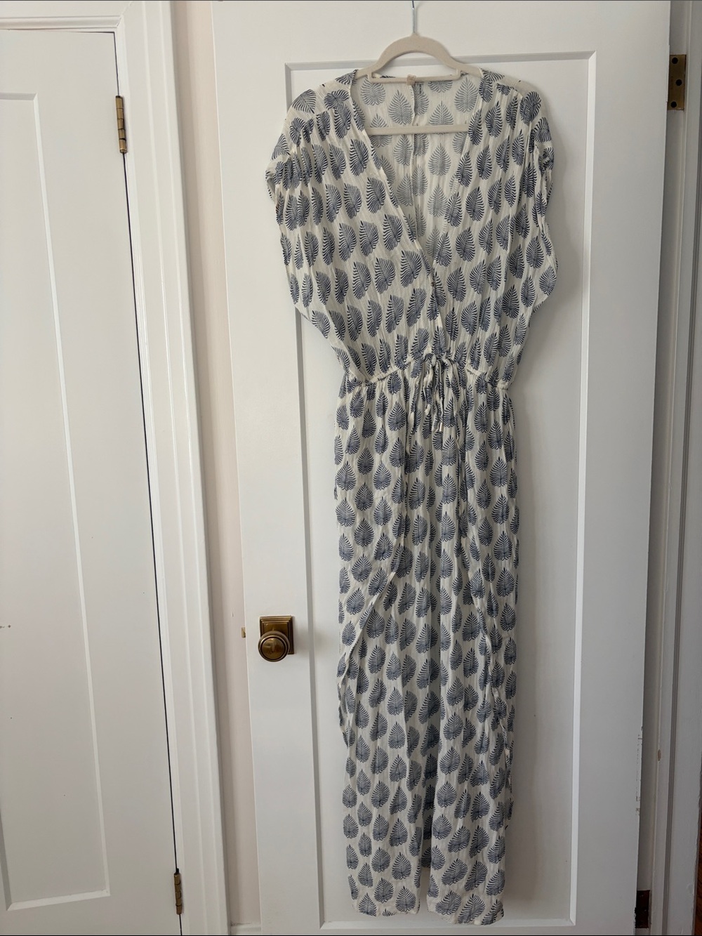 Elan White Maxi Dress with Blue Leaf Print and Drawstring Waist